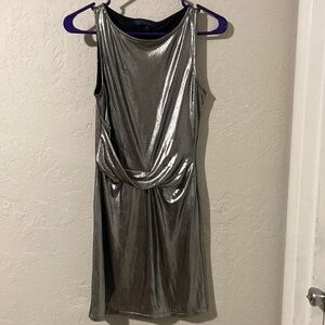 Silver Ruched Sheath Mini Dress with Cowl Neck